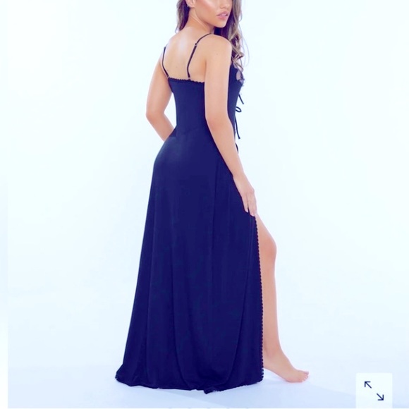 Rihanna savage fenty sz L large long maxi slip dress gown navy blue sexy front - Picture 2 of 8